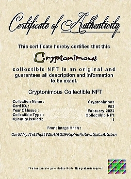 Cryptonimous #53 Certificate of Authenticity