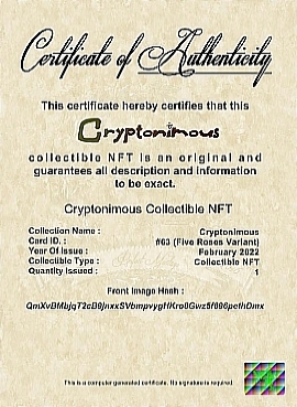 Cryptonimous #63 Certificate of Authenticity
