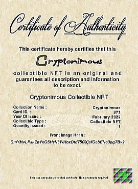 Cryptonimous #77 Certificate of Authenticity