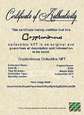 Cryptonimous #104 Certificate of Authenticity