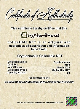 Cryptonimous #109, It Will Float, Believe It Fools Certificate of Authenticity