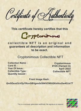 Cryptonimous #125 Certificate of Authenticity