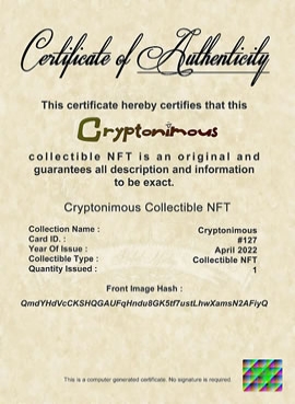 Cryptonimous #127 Certificate of Authenticity