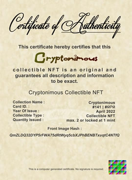 Cryptonimous #141 Certificate of Authenticity